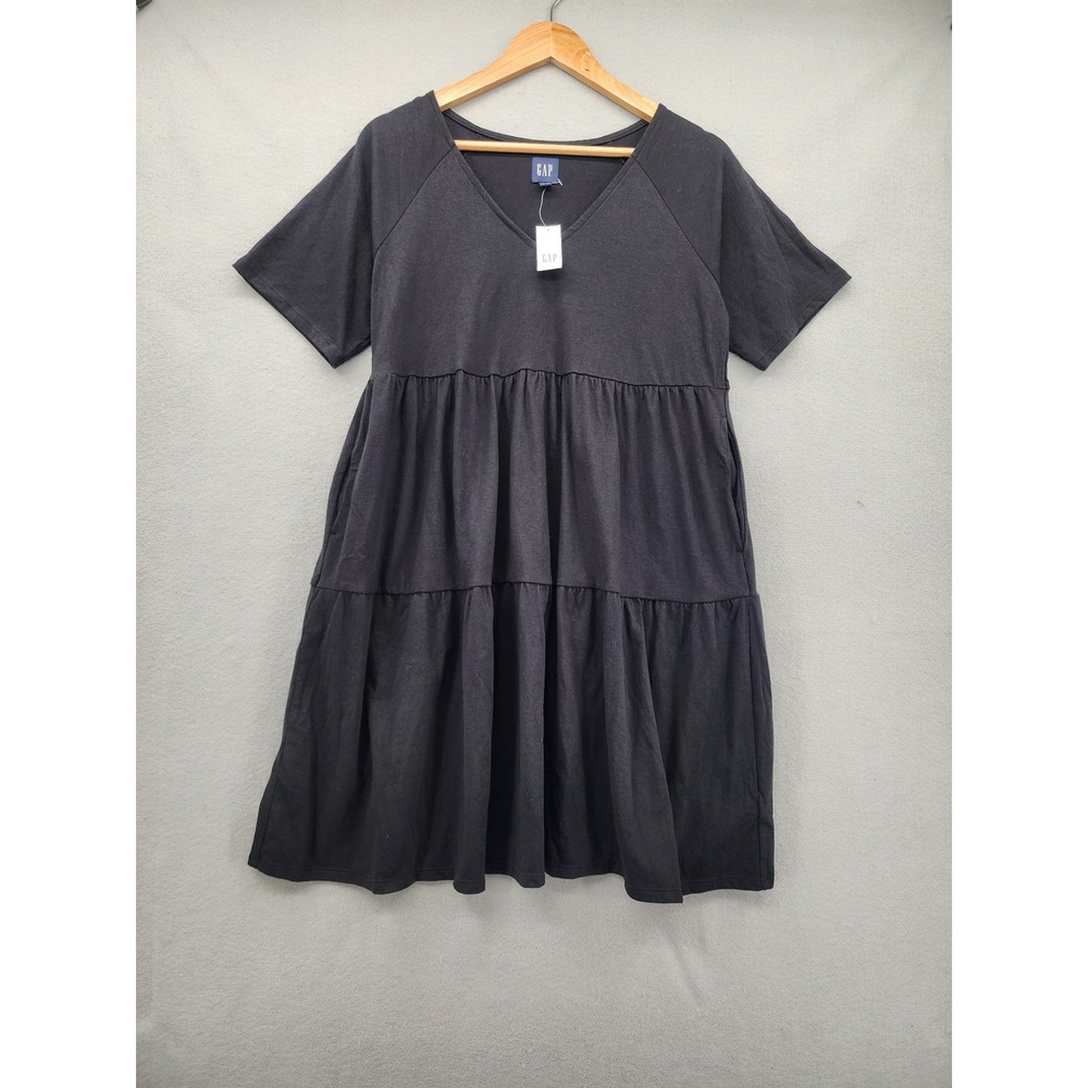 GAP Black Tiered V-Neck Mini Dress Small New Cotton Blend Short Sleeve Babydoll
